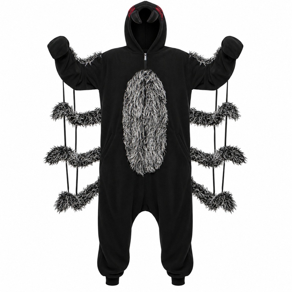 Funziez Spider Adult Onesie Tarantula Halloween Costume Plush Black Gray Small